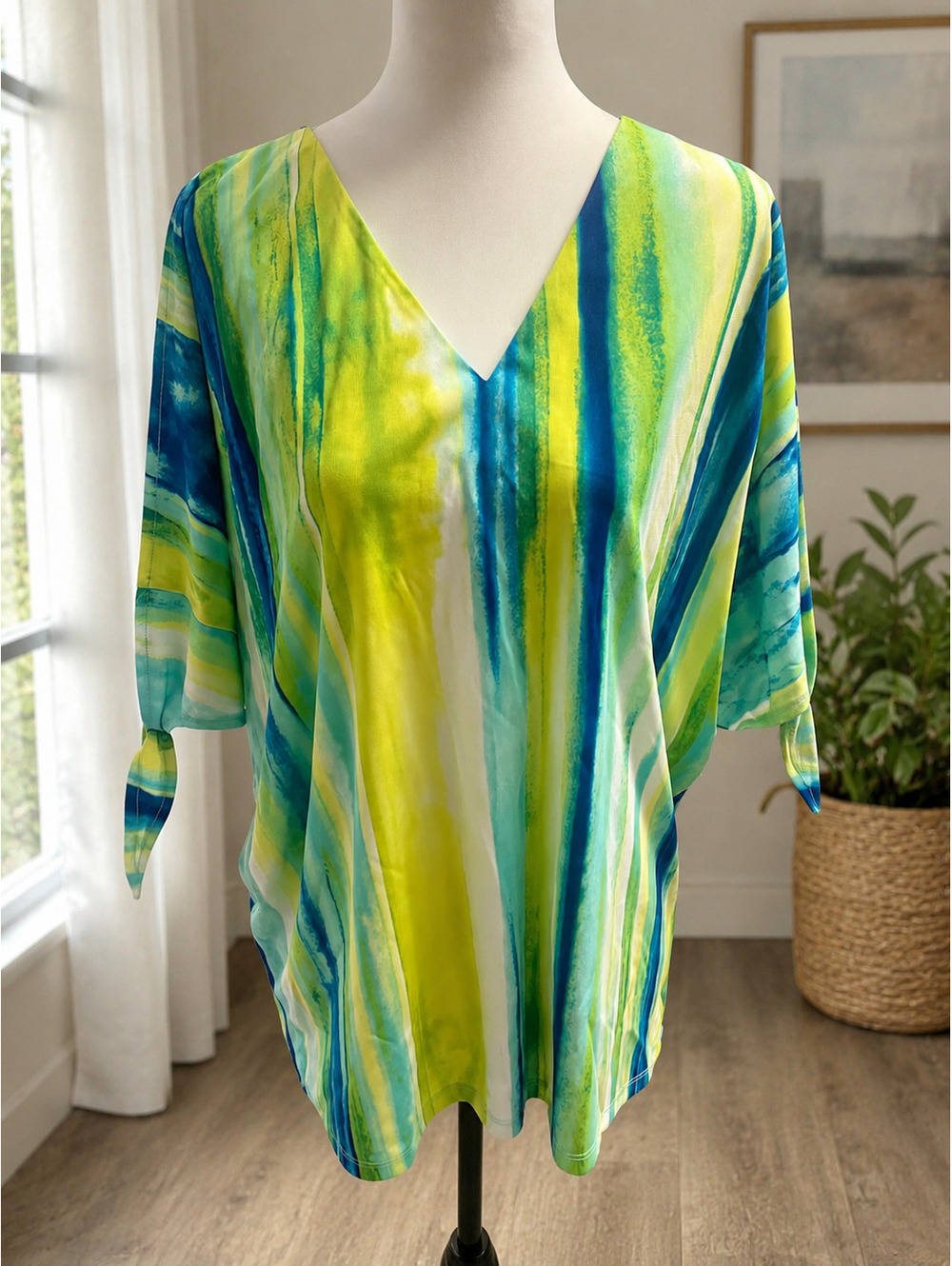 Size L – NWT Worthington Green & Blue Abstract Tie Sleeve Blouse